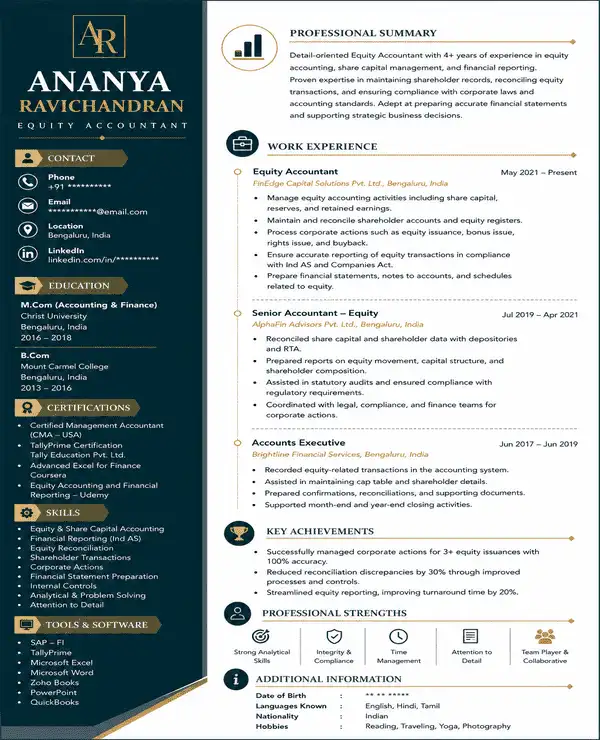 Equity resume template