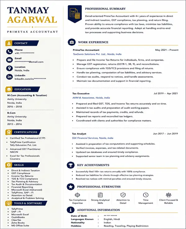 PrimeTax resume template