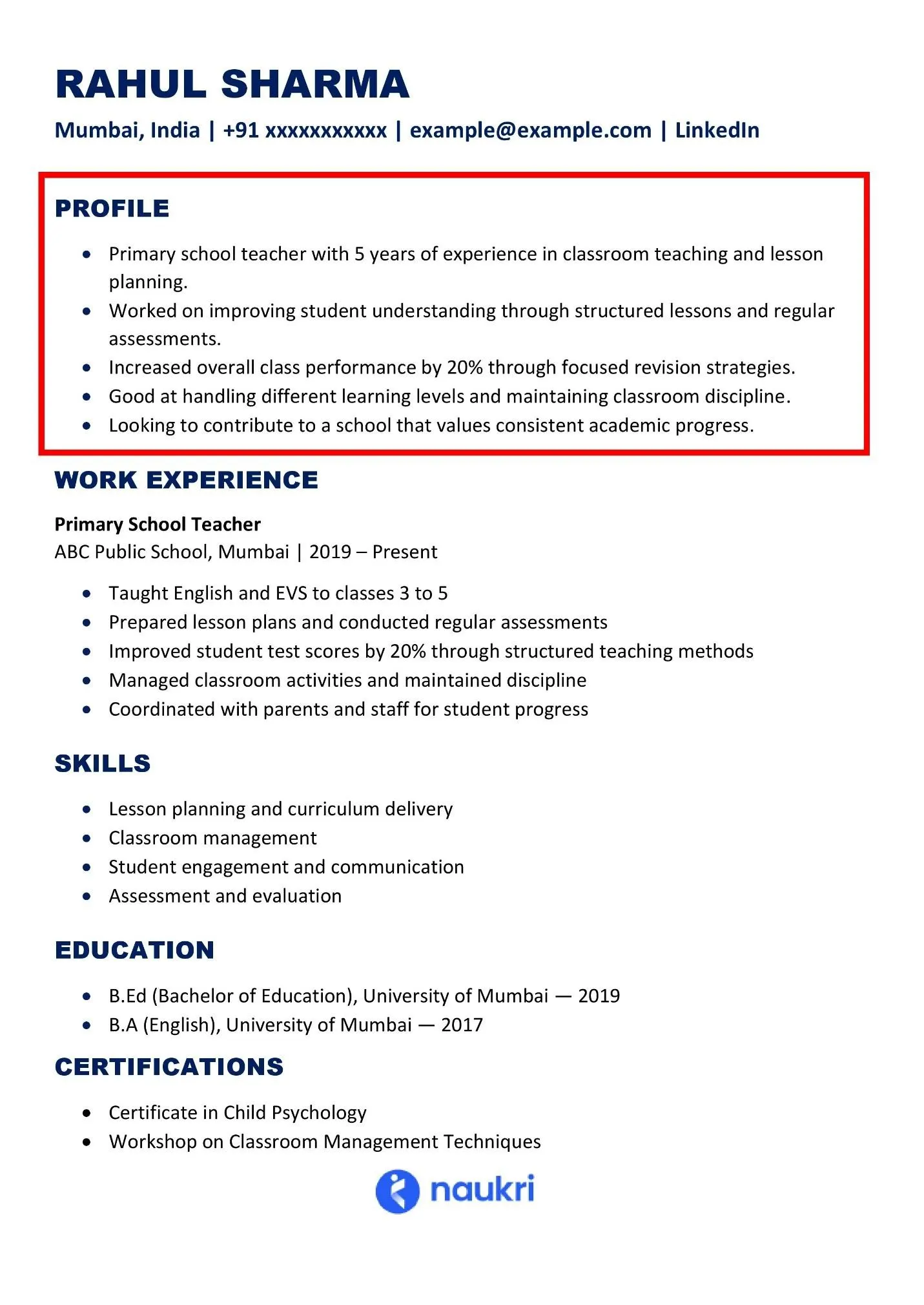 Sample resume with profile section Example