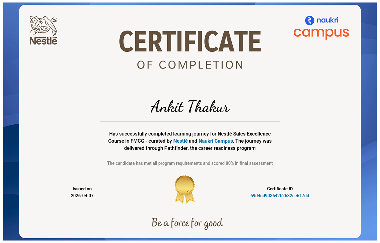 Certificate of Completion in Nestlé Sales Excellence Course in FMCG by ...